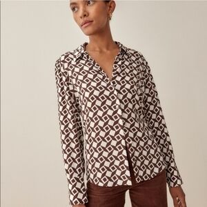 Reformation Trina Top Tiles Brown White Patterned Medium Long Sleeve Blouse
